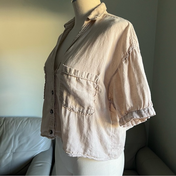 Zara Sz S Tan 100% Linen Button Up Shirt Cropped Short Sleeve Boxy Collared Top - Picture 13 of 17